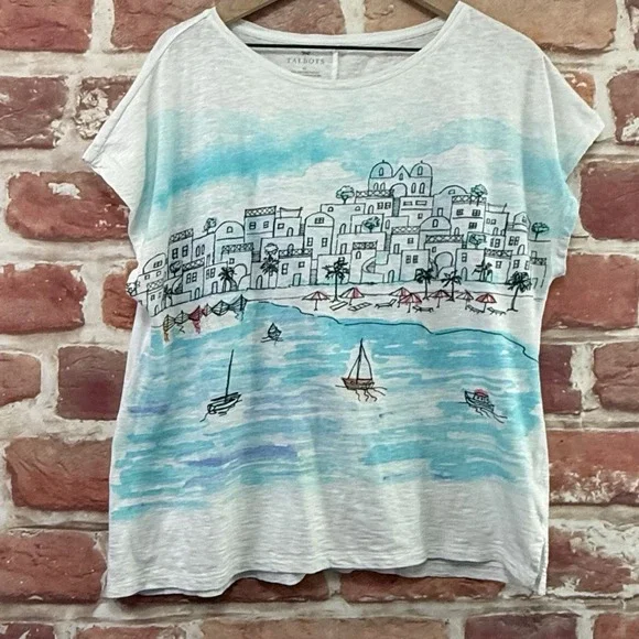 Talbots T Shirt Women's XL Multicolor Coastal Sailboats Beach Travel Graphic Top - Picture 6 of 8
